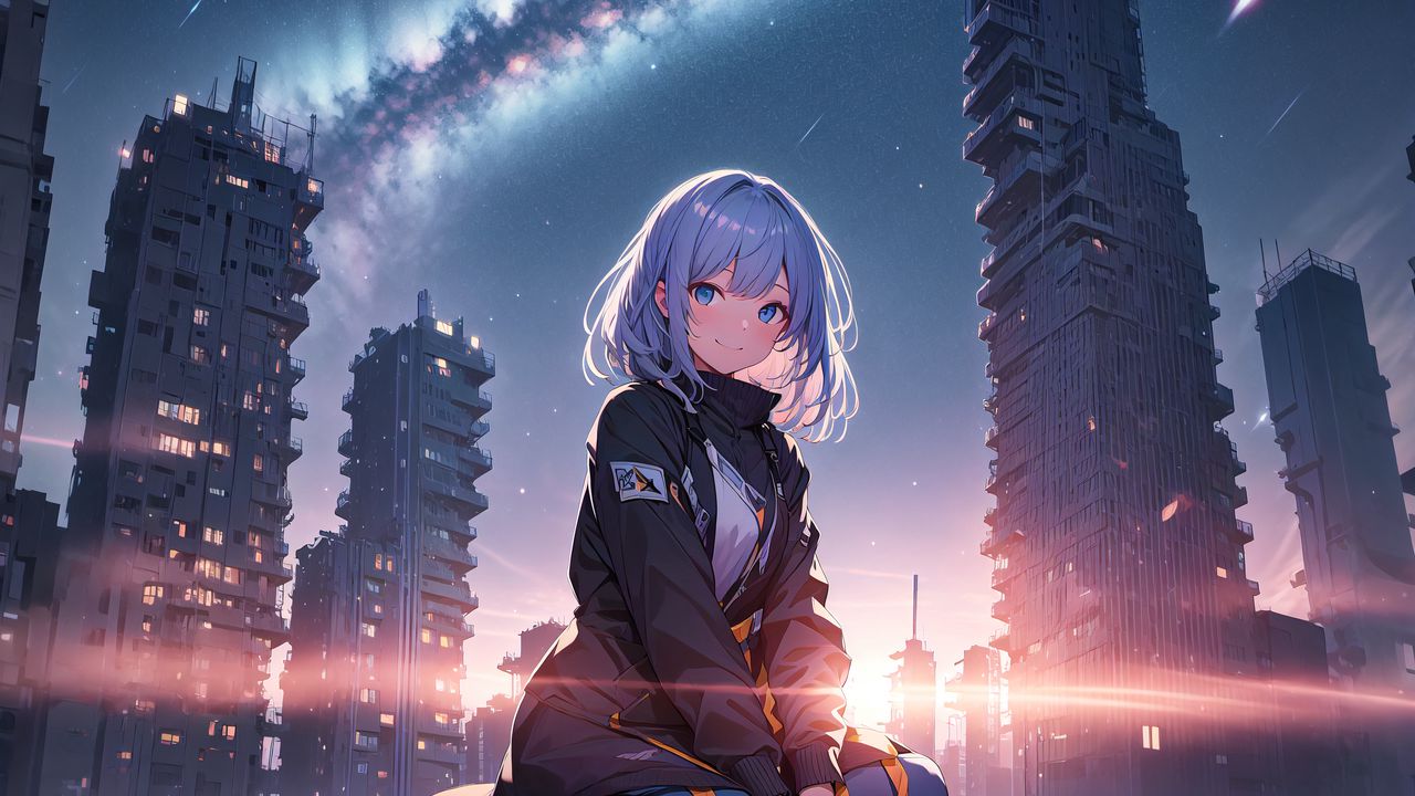 Wallpaper girl, smile, buildings, jacket, light, anime