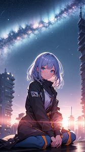 Preview wallpaper girl, smile, buildings, jacket, light, anime