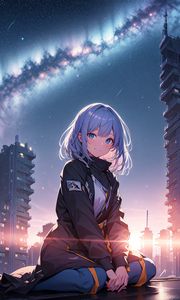 Preview wallpaper girl, smile, buildings, jacket, light, anime