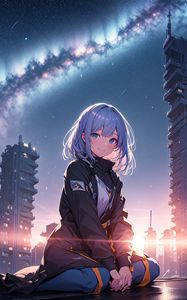 Preview wallpaper girl, smile, buildings, jacket, light, anime