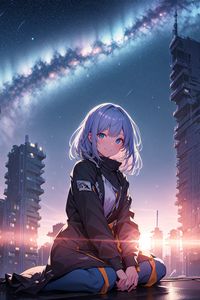 Preview wallpaper girl, smile, buildings, jacket, light, anime