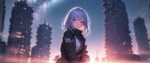 Preview wallpaper girl, smile, buildings, jacket, light, anime