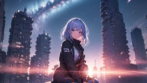 Preview wallpaper girl, smile, buildings, jacket, light, anime