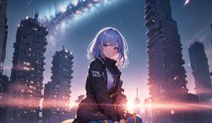 Preview wallpaper girl, smile, buildings, jacket, light, anime
