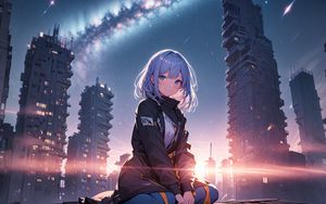 Preview wallpaper girl, smile, buildings, jacket, light, anime