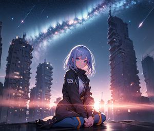 Preview wallpaper girl, smile, buildings, jacket, light, anime