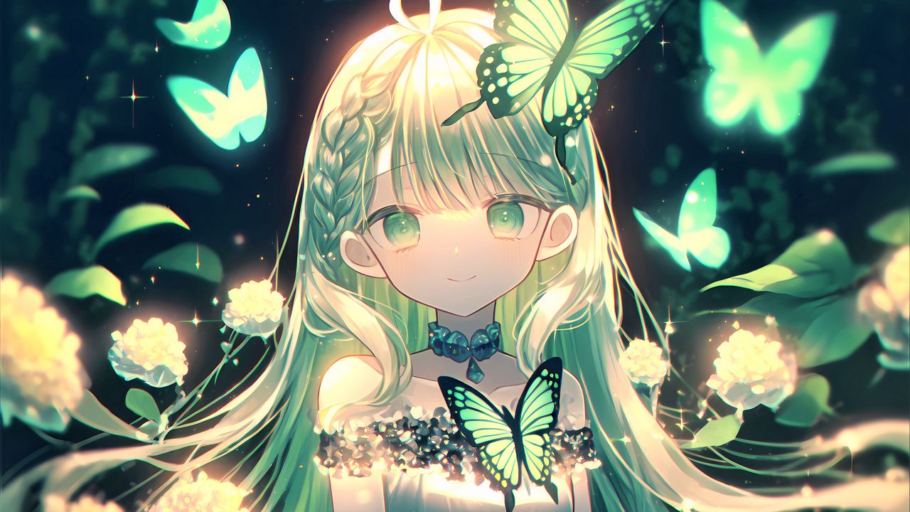 Wallpaper girl, smile, butterflies, anime