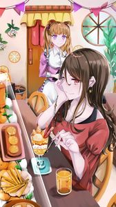 Preview wallpaper girl, smile, cafe, fruit, anime