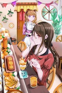 Preview wallpaper girl, smile, cafe, fruit, anime