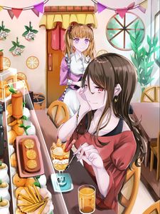 Preview wallpaper girl, smile, cafe, fruit, anime