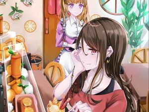 Preview wallpaper girl, smile, cafe, fruit, anime