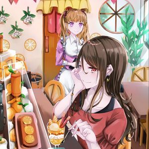 Preview wallpaper girl, smile, cafe, fruit, anime