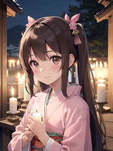 Preview wallpaper girl, smile, candle, kimono, anime