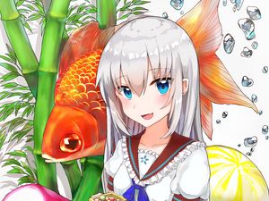 Preview wallpaper girl, smile, candy, fish, carp, anime, art