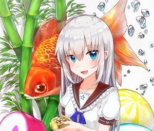 Preview wallpaper girl, smile, candy, fish, carp, anime, art