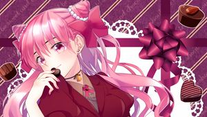 Preview wallpaper girl, smile, candy, chocolate, anime, pink