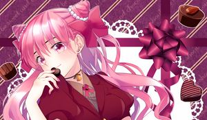 Preview wallpaper girl, smile, candy, chocolate, anime, pink