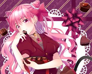 Preview wallpaper girl, smile, candy, chocolate, anime, pink