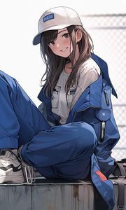 Preview wallpaper girl, smile, cap, jumpsuit, anime