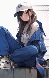 Preview wallpaper girl, smile, cap, jumpsuit, anime