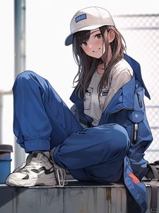 Preview wallpaper girl, smile, cap, jumpsuit, anime