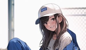 Preview wallpaper girl, smile, cap, jumpsuit, anime