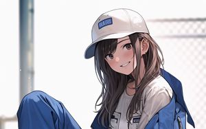 Preview wallpaper girl, smile, cap, jumpsuit, anime