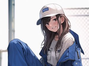 Preview wallpaper girl, smile, cap, jumpsuit, anime