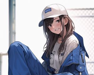 Preview wallpaper girl, smile, cap, jumpsuit, anime