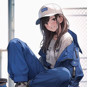 Preview wallpaper girl, smile, cap, jumpsuit, anime