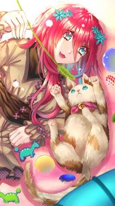 Preview wallpaper girl, smile, cat, pet, anime