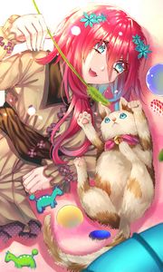 Preview wallpaper girl, smile, cat, pet, anime