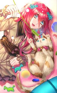 Preview wallpaper girl, smile, cat, pet, anime