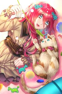 Preview wallpaper girl, smile, cat, pet, anime