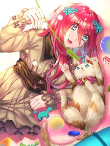 Preview wallpaper girl, smile, cat, pet, anime