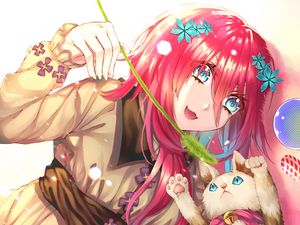 Preview wallpaper girl, smile, cat, pet, anime