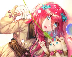 Preview wallpaper girl, smile, cat, pet, anime