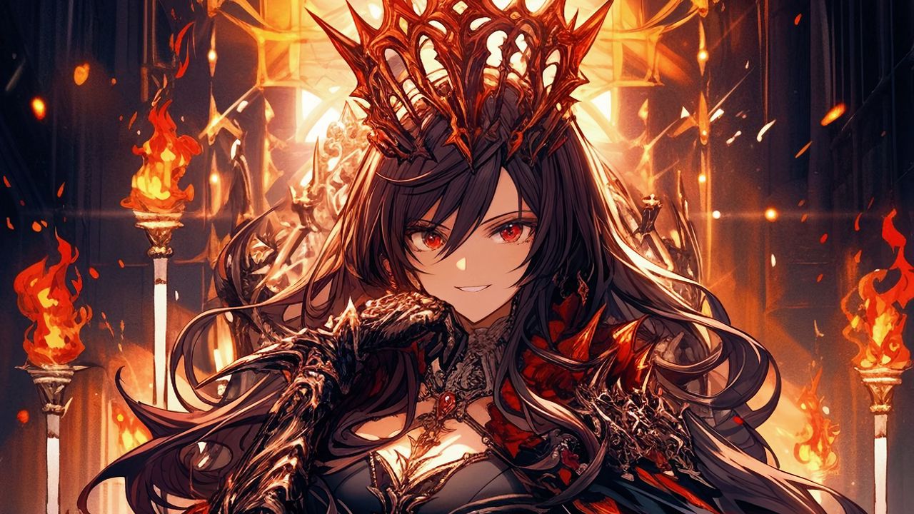 Wallpaper girl, smile, crown, armor, fire, anime