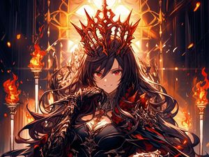 Preview wallpaper girl, smile, crown, armor, fire, anime