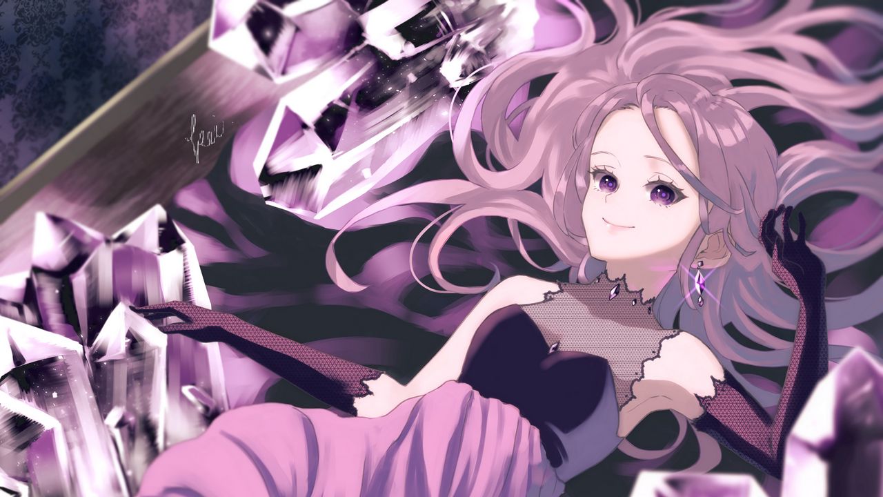 Wallpaper girl, smile, crystals, anime, art, purple