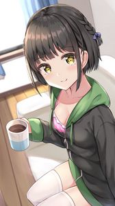 Preview wallpaper girl, smile, cup, coffee, anime