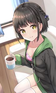 Preview wallpaper girl, smile, cup, coffee, anime