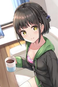 Preview wallpaper girl, smile, cup, coffee, anime