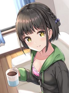Preview wallpaper girl, smile, cup, coffee, anime
