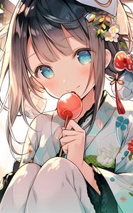 Preview wallpaper girl, smile, decoration, kimono, candy, anime