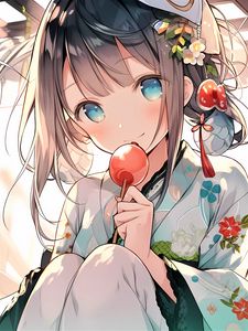 Preview wallpaper girl, smile, decoration, kimono, candy, anime