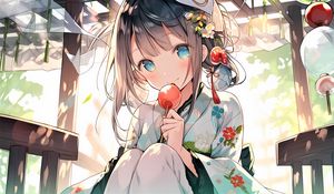 Preview wallpaper girl, smile, decoration, kimono, candy, anime