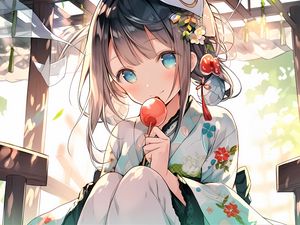 Preview wallpaper girl, smile, decoration, kimono, candy, anime