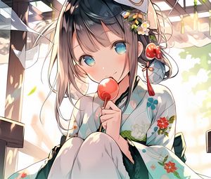 Preview wallpaper girl, smile, decoration, kimono, candy, anime