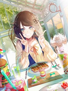 Preview wallpaper girl, smile, dessert, anime, art
